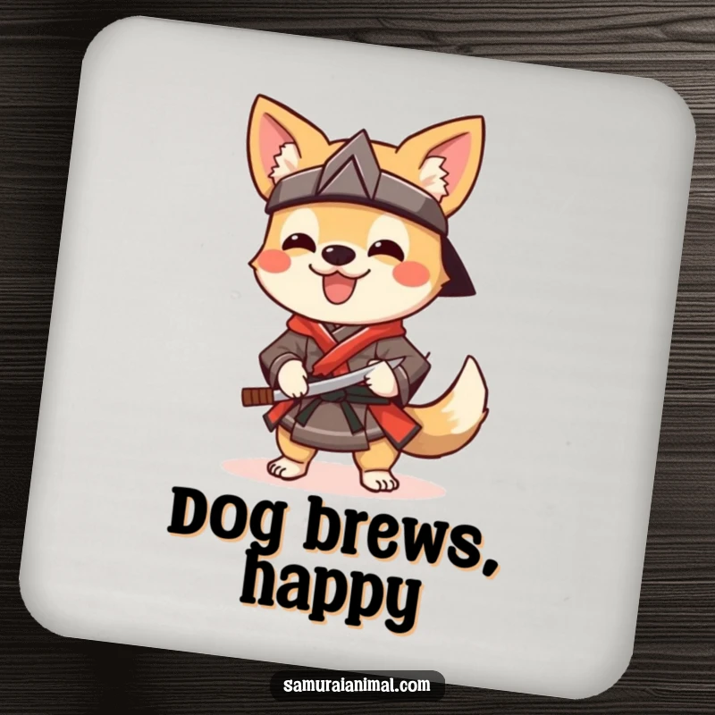 Funny Drink Coasters showcasing a cheerful dog dressed as a samurai, wagging its tail and holding a sai, protecting surfaces.