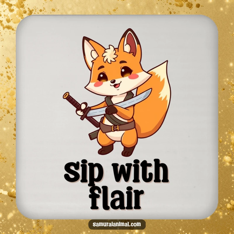 Funny Fox Hero Coaster: A coaster featuring a cheerful fox with a tiny sword, striking a dramatic pose.