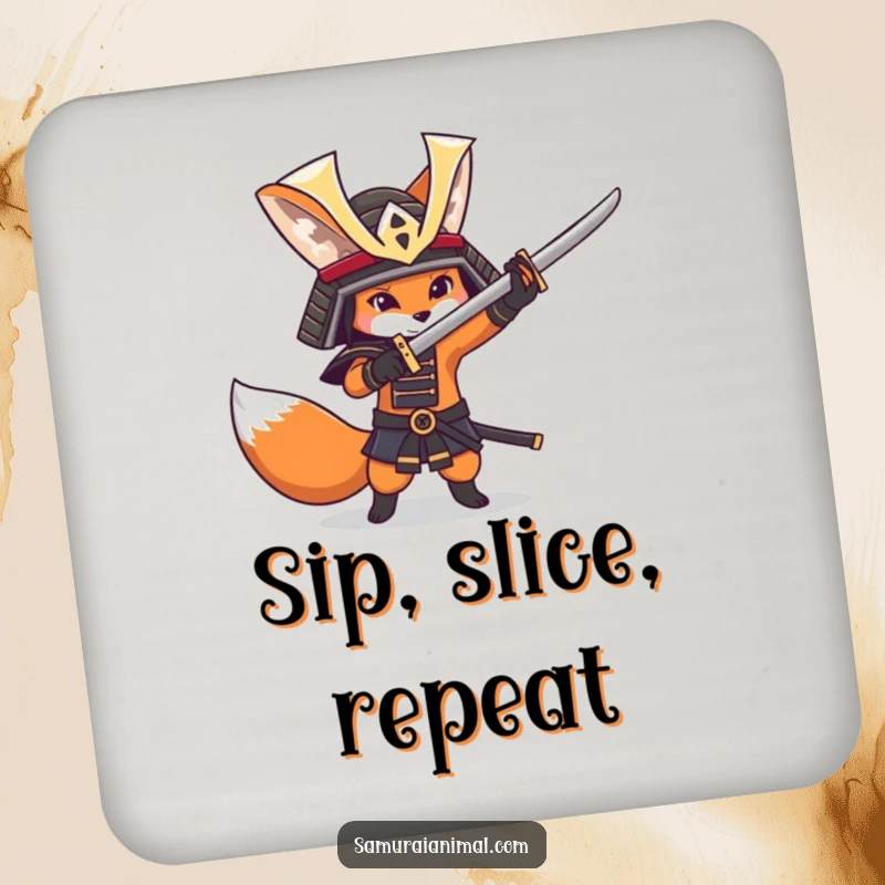 Funny fox character with a samurai helmet playfully practicing sword swings, a durable and humorous drink coaster.