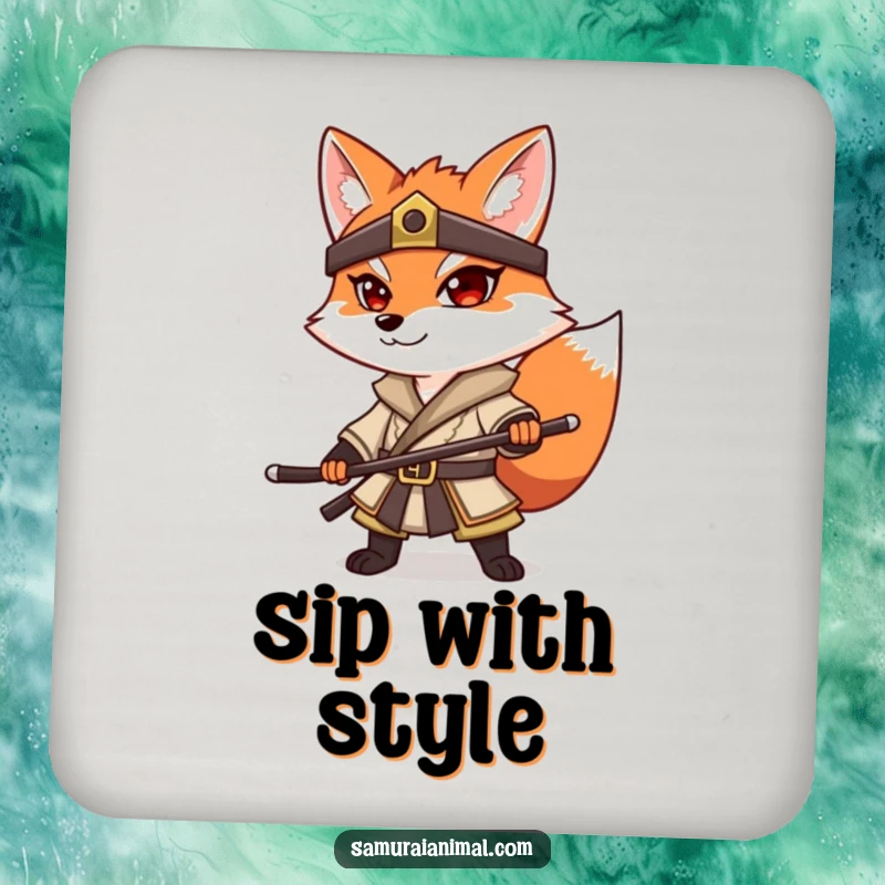 Funny Fox Samurai Coaster: A determined fox in samurai attire striking a pose, designed to protect your drinks.
