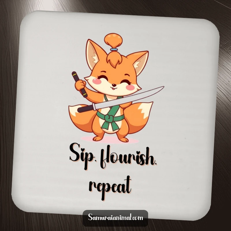 Funny fox drink coaster featuring a mischievous fox with a topknot, happily practicing a sword flourish, for protection.