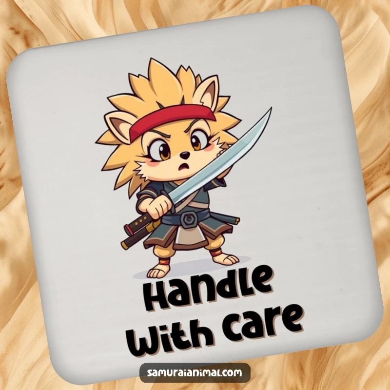 Funny Hedgehog Samurai Coasters showcasing a surprised hedgehog warrior mid-flourish, protecting surfaces with humor.