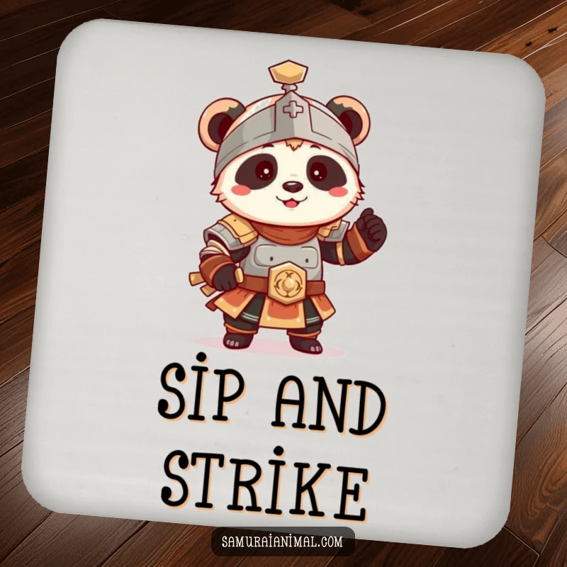 Funny Panda Armor Coaster, a tiny panda in ancient armor poses playfully, protecting surfaces.