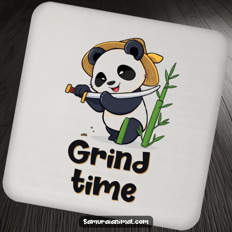 Funny drink coaster featuring a smiling panda in a straw hat, chopping bamboo with a tiny katana.