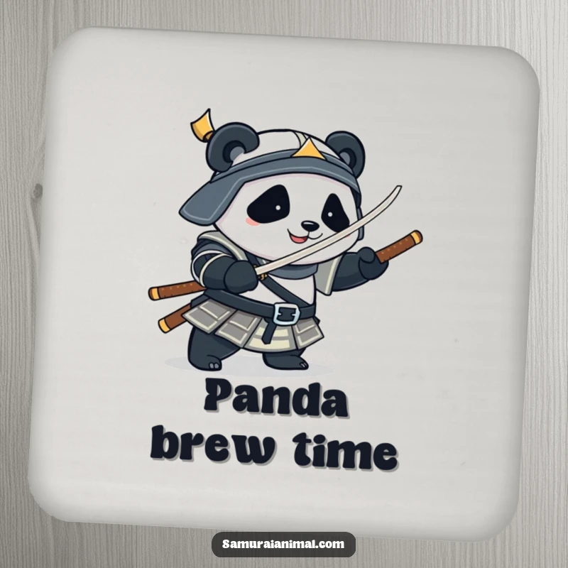 Funny Drink Coasters showcasing a plump panda in samurai armor playfully spinning a bamboo sword, protecting surfaces with charm.