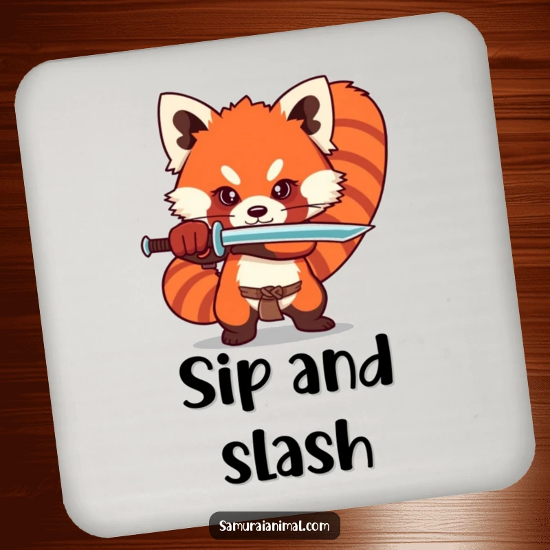 Funny red panda drink coaster depicting a stylized character in a dramatic sword stance, adding fierce charm to tabletops.