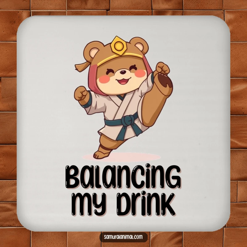 Funny drink coaster set featuring a smiling bear dressed as a samurai, awkwardly attempting a martial arts high kick.