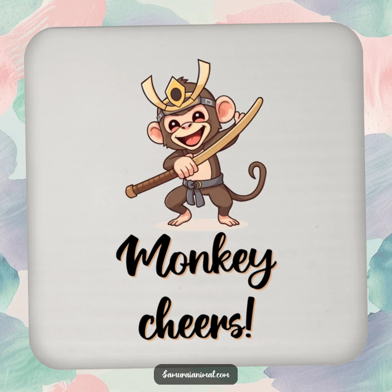 Funny drink coaster with a happy monkey in a samurai mask, swinging a wooden sword, offering a humorous and protective surface for beverages.