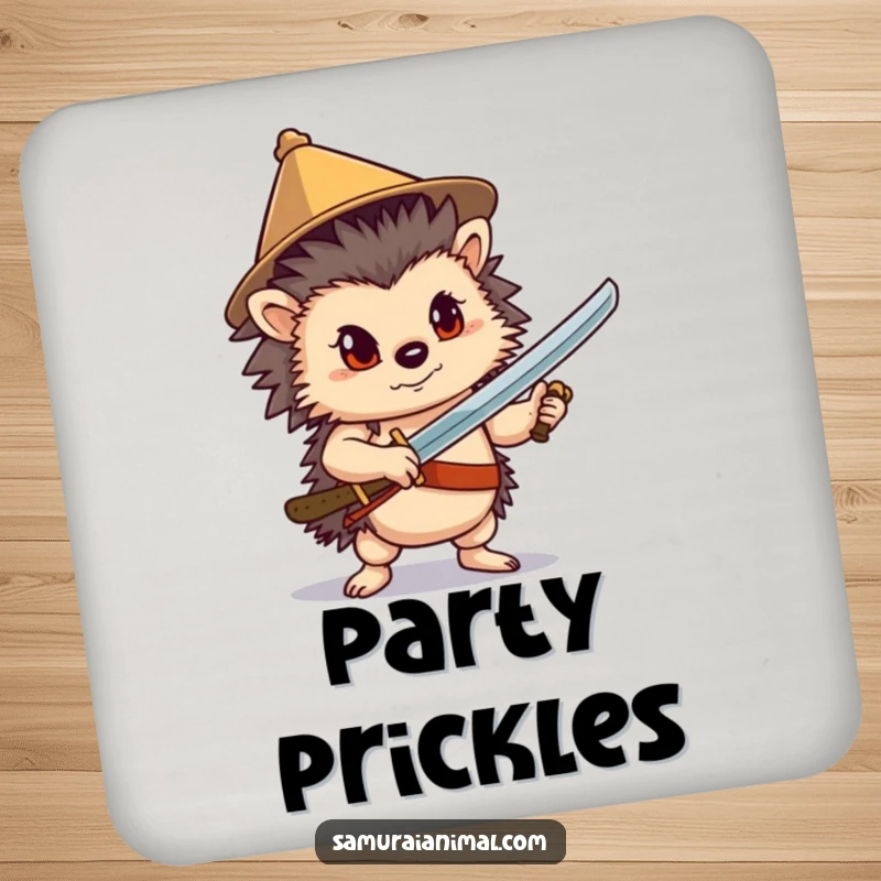 Funny Hedgehog Sword Drink Coaster: A confident hedgehog poses with a sword, protecting surfaces with heroic charm.