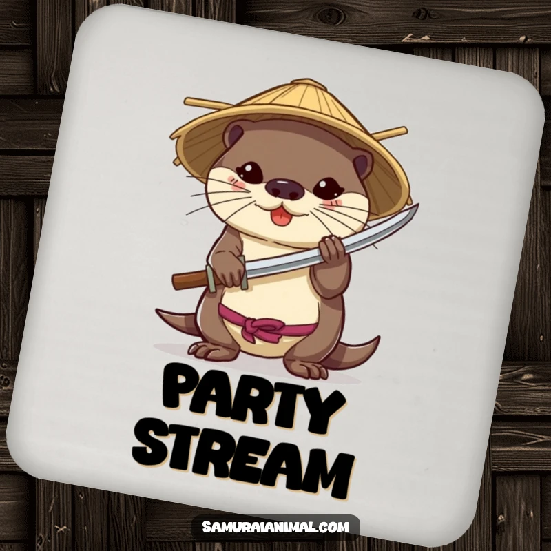 Funny drink coaster featuring a brave otter in a bamboo hat, skillfully holding a miniature katana.