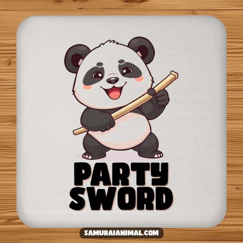 Funny plump panda comically wielding a toothpick sword on a drink coaster, a humorous design for protecting surfaces.