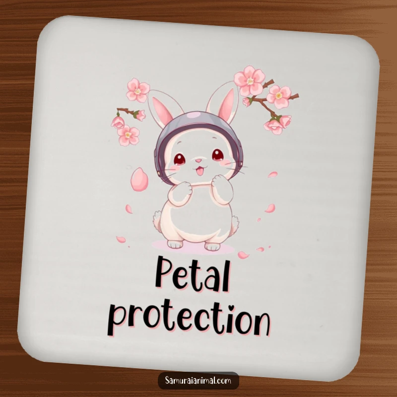 Funny Drink Coasters showing a fluffy bunny in a tiny helmet parrying a falling cherry blossom petal, for table protection.