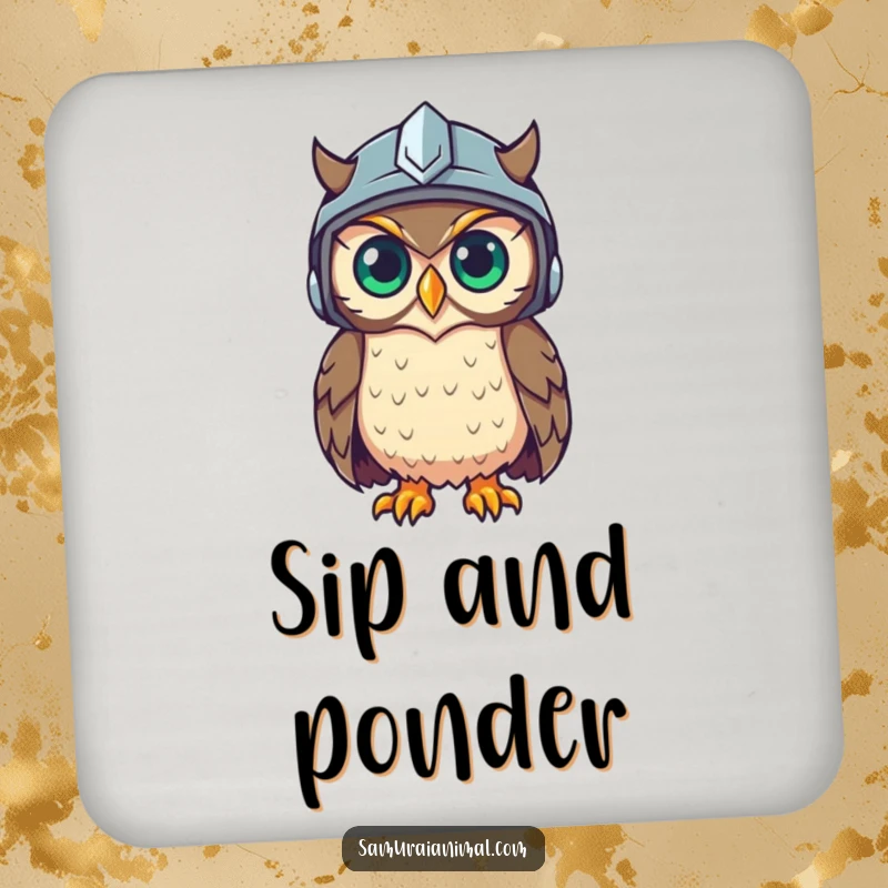 Funny coaster featuring a wise owl in a helmet, its gleam promising protection and a touch of intellectual charm.