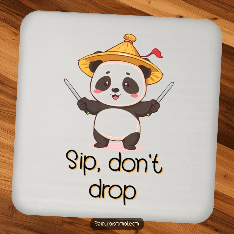 Funny Panda Juggling Coaster: A panda wearing a straw hat, juggling tiny swords, designed to protect your surfaces.