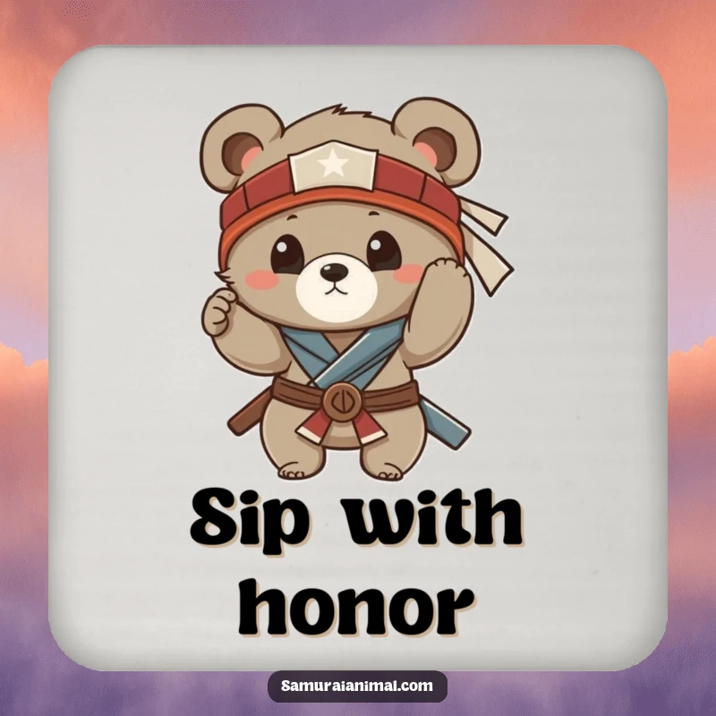 Funny drink coaster with a detailed illustration of a small bear cub adjusting its samurai headband, offering funny protection.