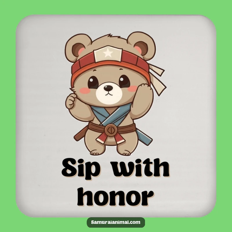 Funny Bear Cub Samurai Coaster: Protect Surfaces with Warrior Style