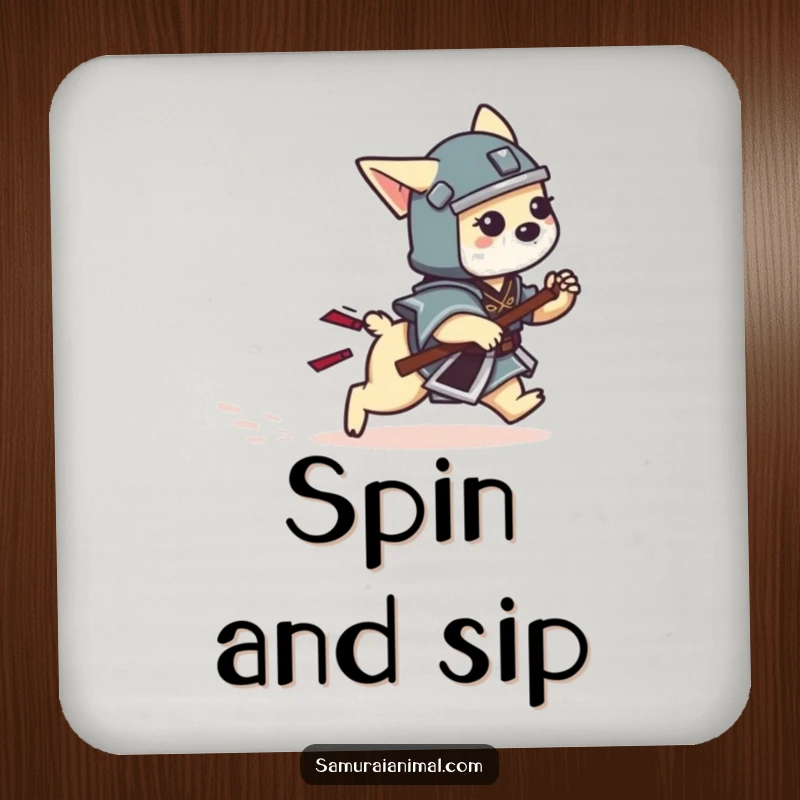 Funny Dog Samurai Coasters showcasing a tiny dog warrior playfully chasing its tail, protecting surfaces with humor.