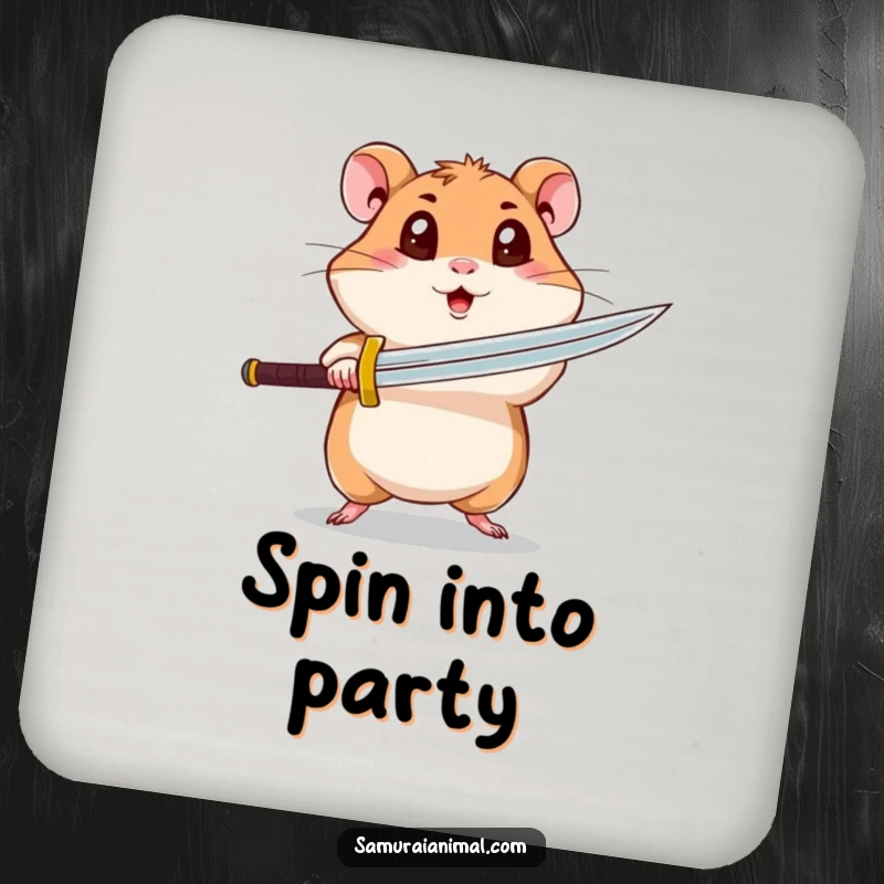 Funny hamster coasters featuring a curious hamster with wide eyes mid-spin attack, protecting tables with humor.