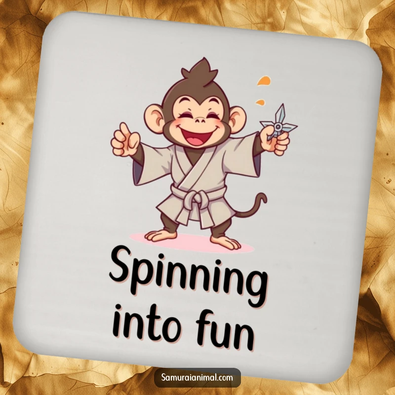Funny monkey coasters featuring a ninja monkey throwing a shuriken, protecting surfaces with flair.