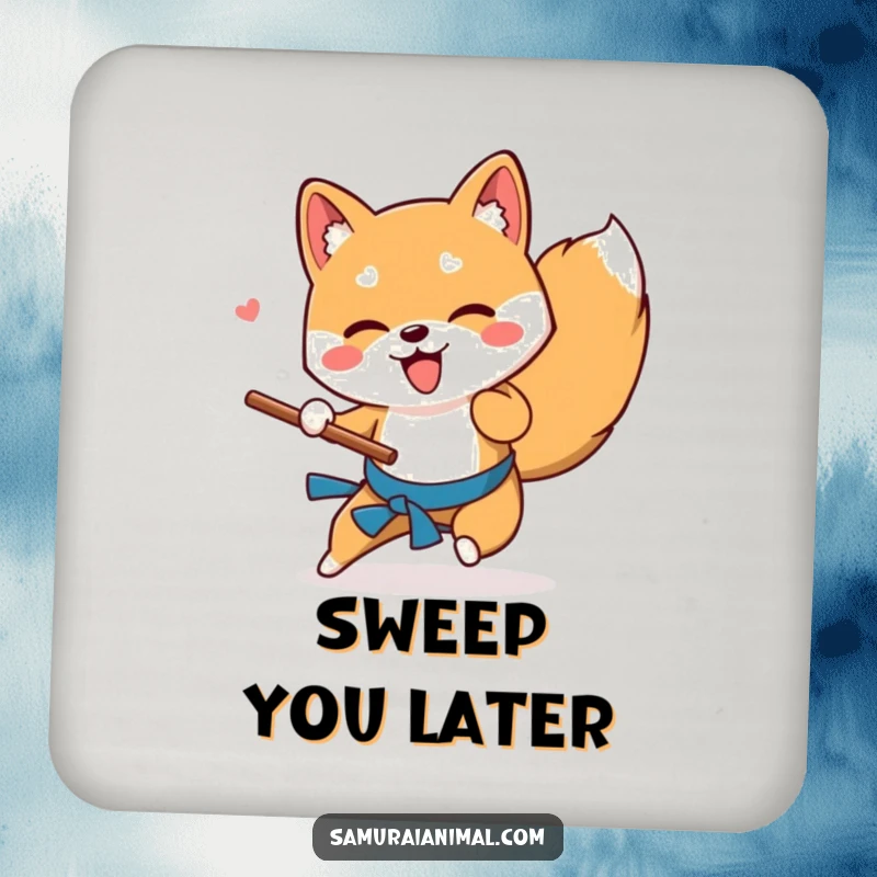 Funny Shiba Inu drink coaster depicting a playful dog performing a low sweep with a stick, adding canine charm to tabletops.