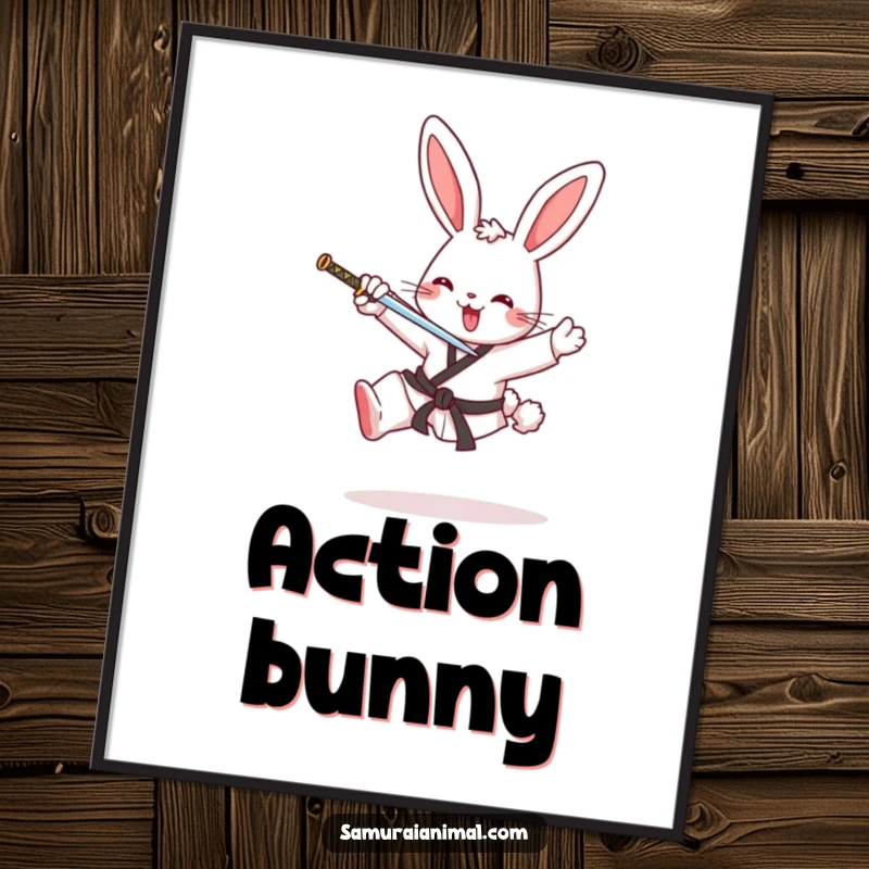 Funny poster art of a cheerful bunny doing a high karate kick with a tiny sword, full of dynamic movement and humor.