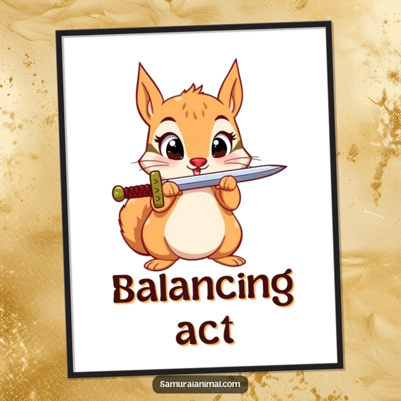 Funny Squirrel Sword Poster: A small squirrel with wide, excited eyes comically balances a sword on its nose, whimsical art.