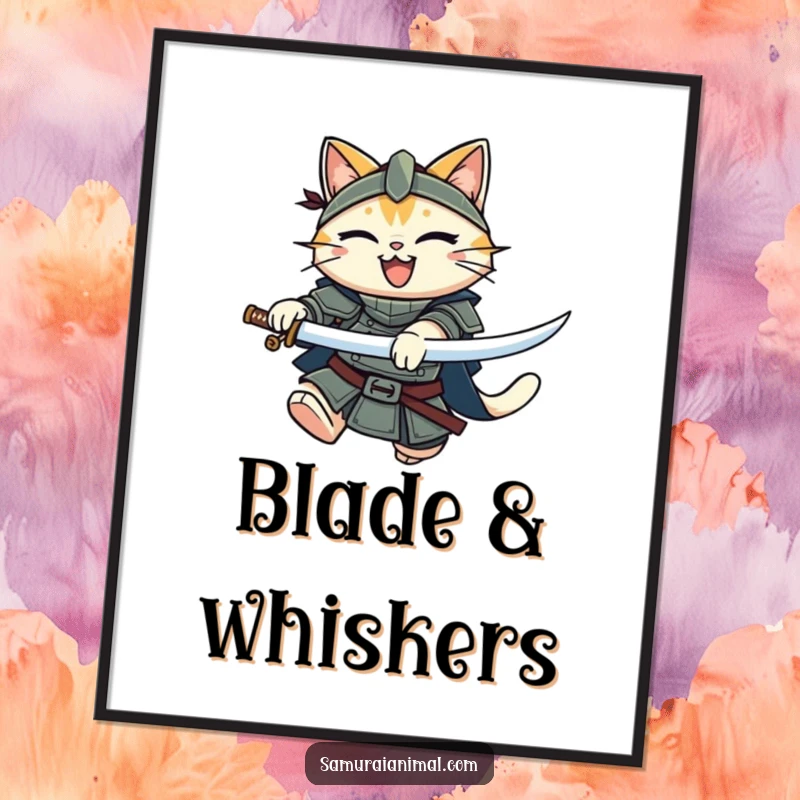 Funny Cat Knight Poster: A valiant, smiling cat in full armor captured mid-leap, brandishing a katana with zeal.