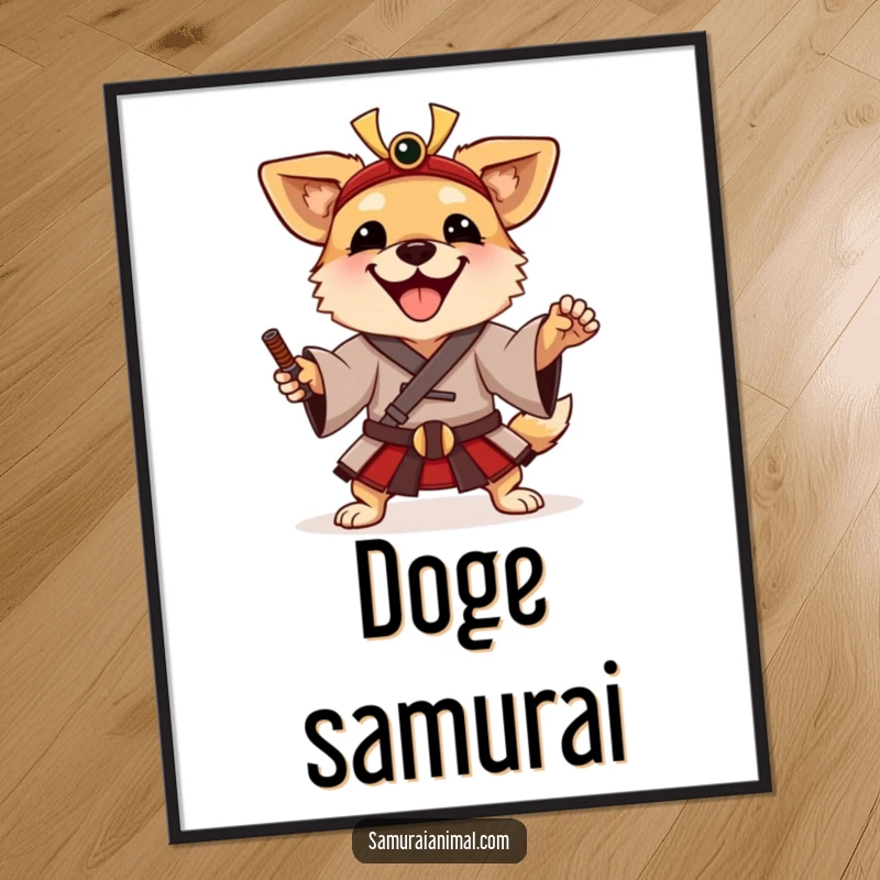 Funny Poster illustrating a happy dog in a traditional samurai tunic, striking a playful and heroic pose.