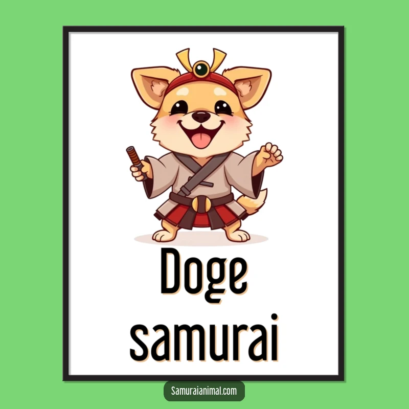 Funny Samurai Dog Poster: Happy Warrior Art Print, Whimsical Gift