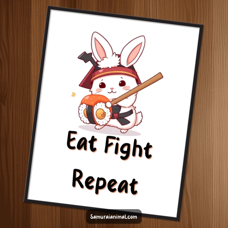 Funny poster print of a white rabbit in a samurai helmet humorously parrying a sushi roll with its miniature sword.
