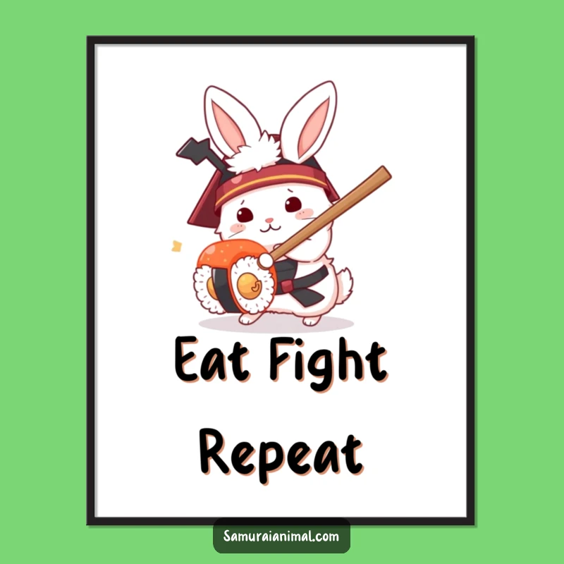 Funny Rabbit Samurai Poster - Hilarious Sushi Duel Art Print Gift