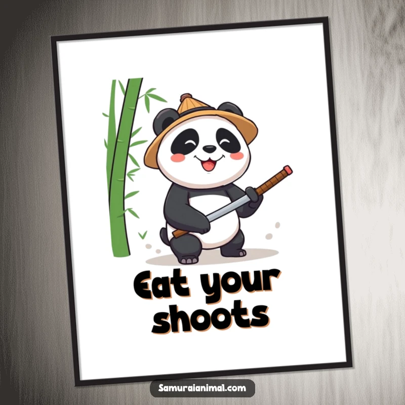 Funny Panda Bamboo Poster: A vibrant poster of a smiling panda in a straw hat, determinedly chopping bamboo with a small katana.
