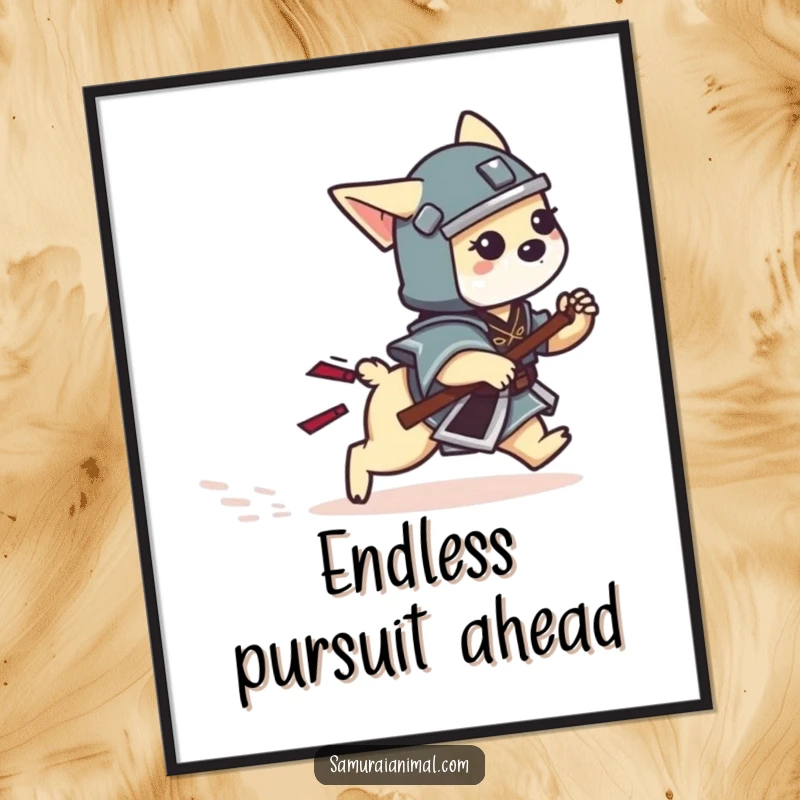 Funny Dog Samurai Poster depicting a tiny dog warrior playfully chasing its tail in samurai attire.