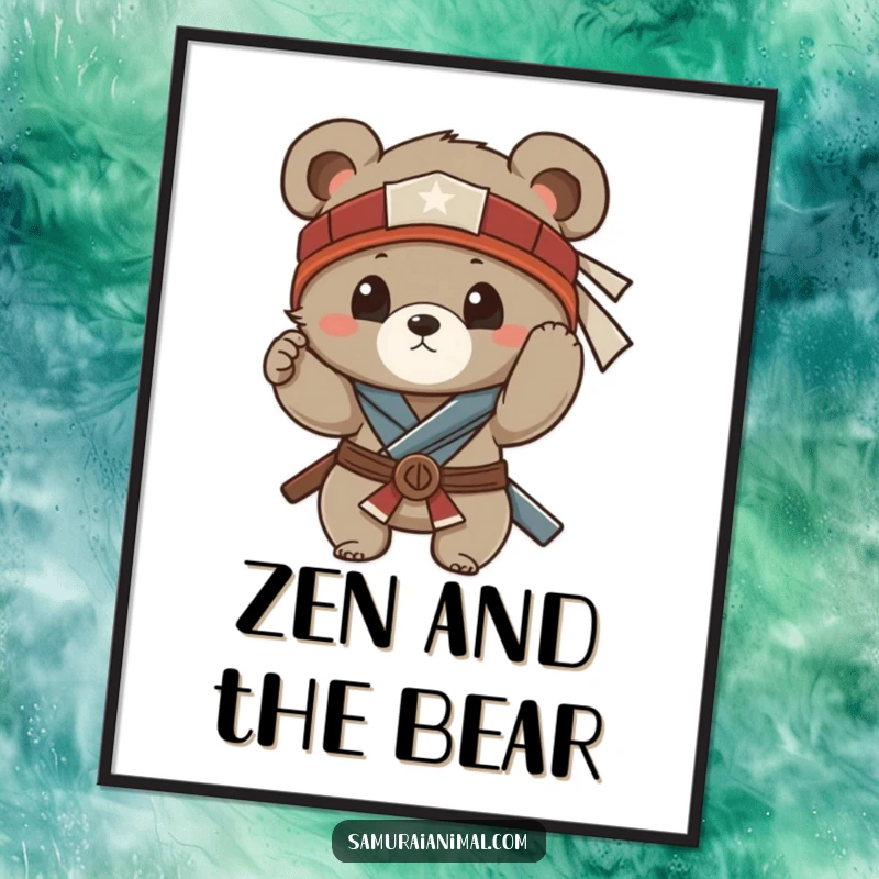 Funny wall art poster of a small bear cub adjusting its samurai headband, adding a touch of funny determination to any space.