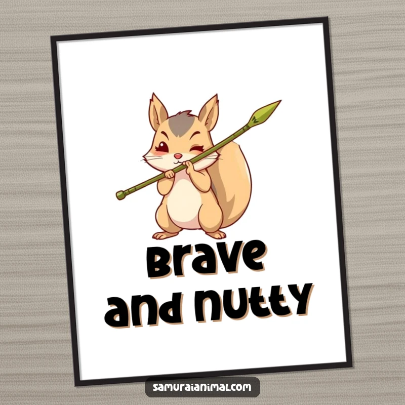 Funny poster of a brave squirrel holding a sharpened bamboo spear, perfect for adding an adventurous and fierce vibe.