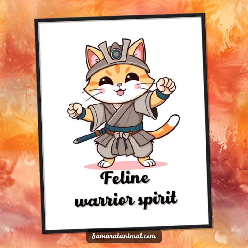 Funny poster showcasing a cheerful cat striking a dynamic samurai pose with a gentle smile, embodying feline grace and martial prowess.