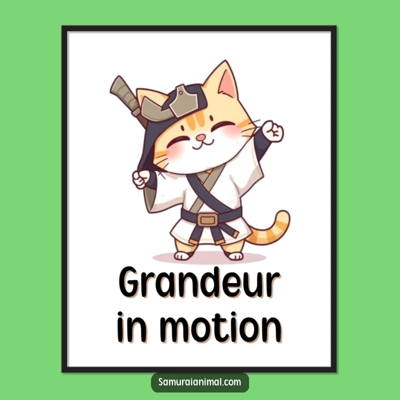 Funny Cat Samurai Poster: Happy Exaggerated Bow Warrior Art Gift