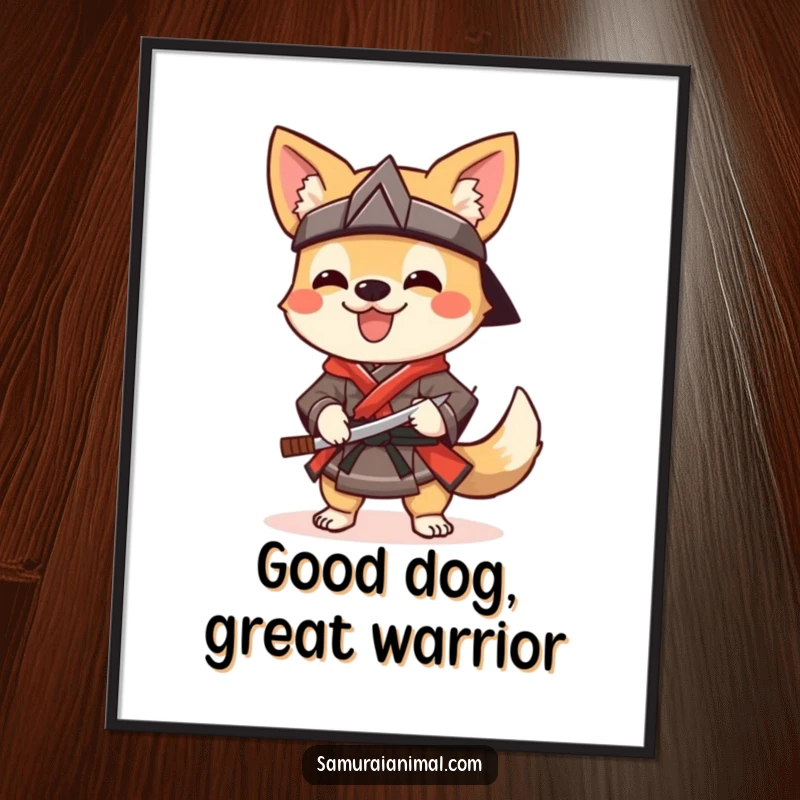 Funny Poster illustrating a cheerful dog dressed as a samurai, wagging its tail and holding a sai, adding joy.