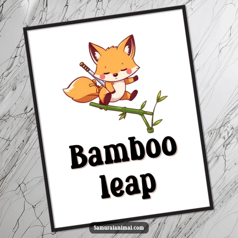 Funny Poster illustrating a playful fox with a miniature sword leaping energetically over a green bamboo shoot.