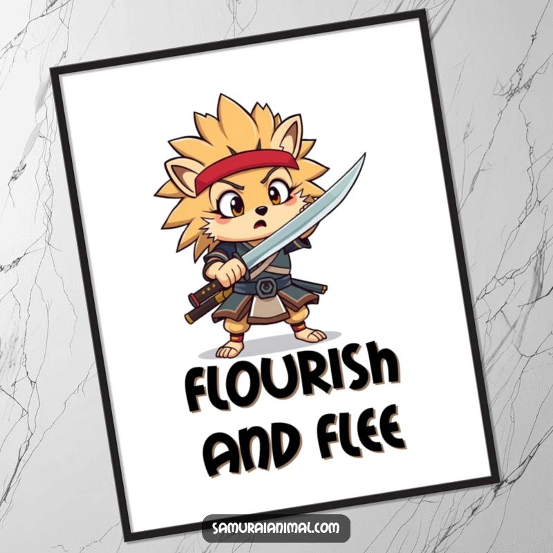 Funny Hedgehog Samurai Poster depicting a surprised hedgehog warrior in action, a comical piece of wall art.