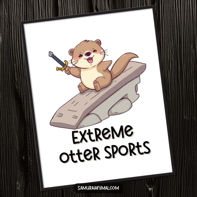 Funny poster featuring an otter joyfully sliding down a ramp with a sword, capturing a moment of pure cartoon exhilaration.