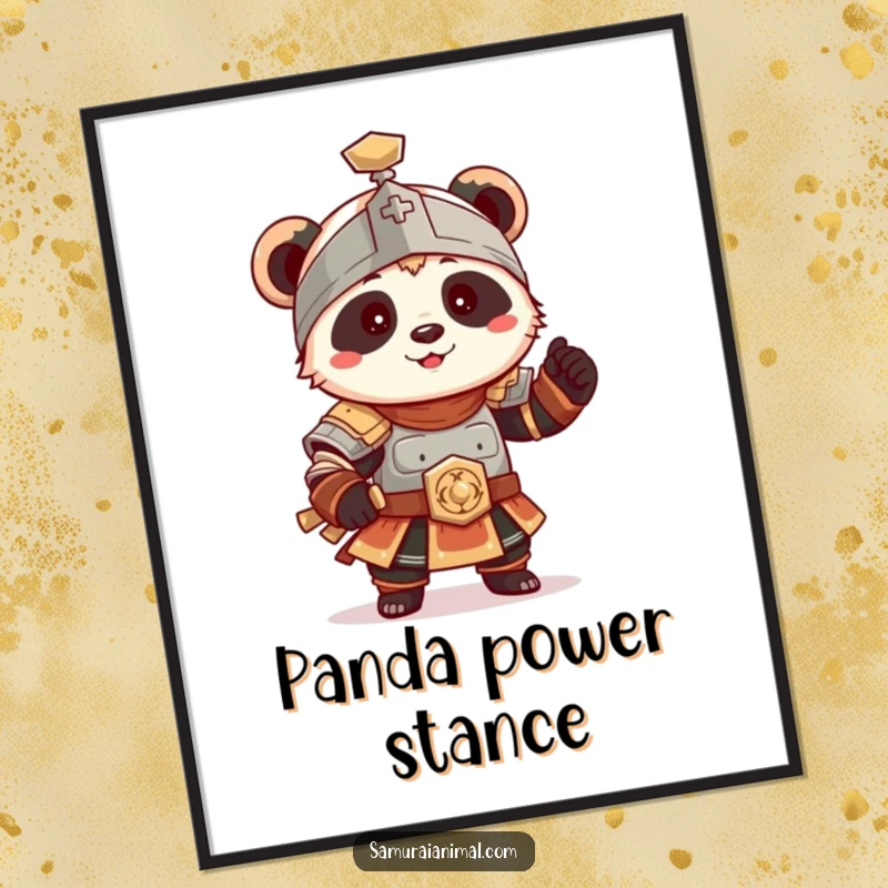 Funny Panda Armor Poster, a tiny panda in ancient armor striking a playful, wobbly pose, charming wall art.