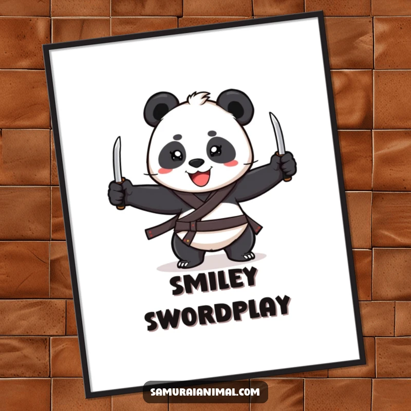 Funny Poster illustrating a cheerful panda with a wide grin, expertly juggling three miniature katanas with impressive skill.