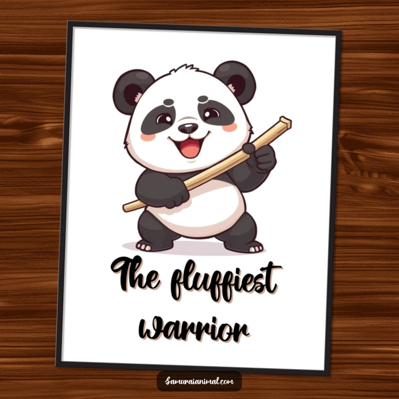 Funny plump panda comically wielding a toothpick sword with a determined grin, a humorous art poster.