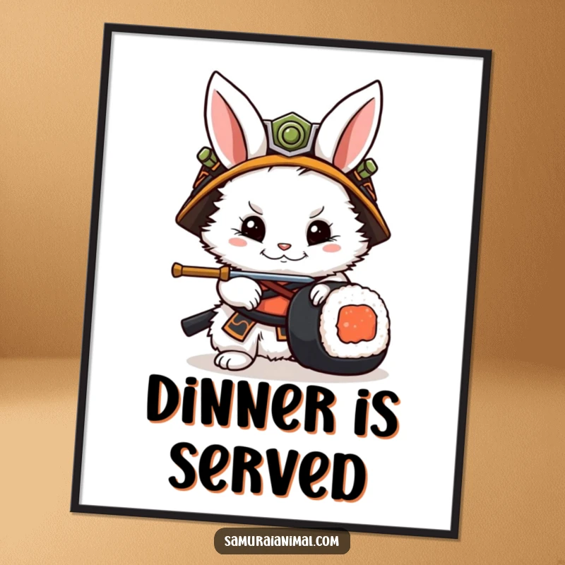 Funny Rabbit Samurai Poster: A vibrant poster illustrating a rabbit warrior in a samurai helmet parrying a sushi roll with a sword.