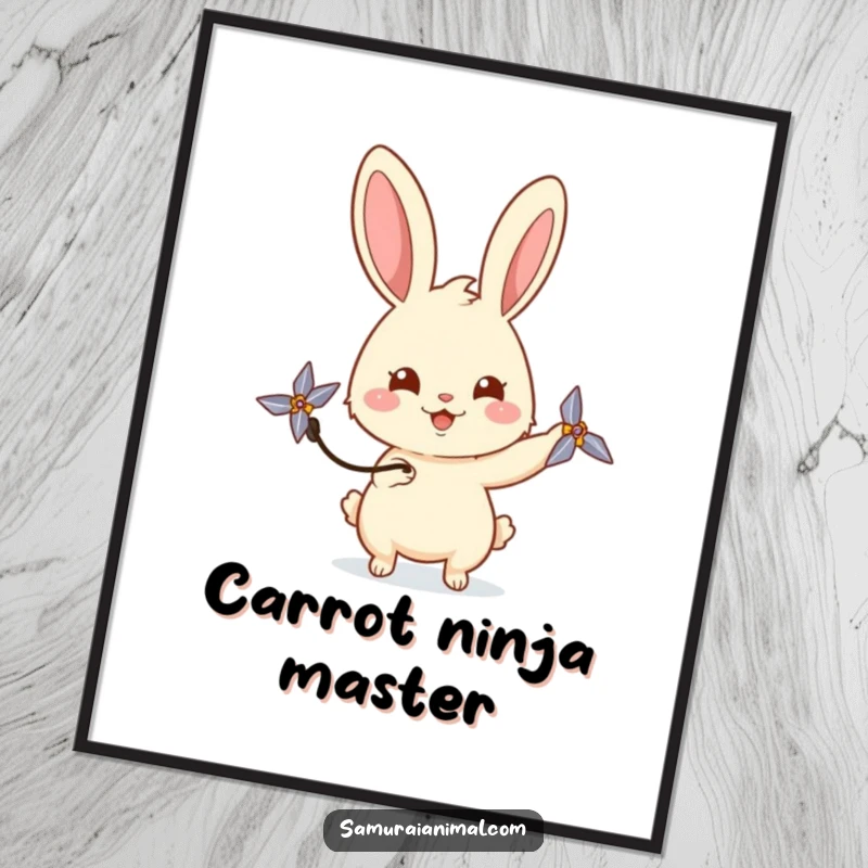 Funny rabbit poster showing a happy bunny playfully spinning a miniature shuriken with a curious gaze, perfect for cute wall decor.