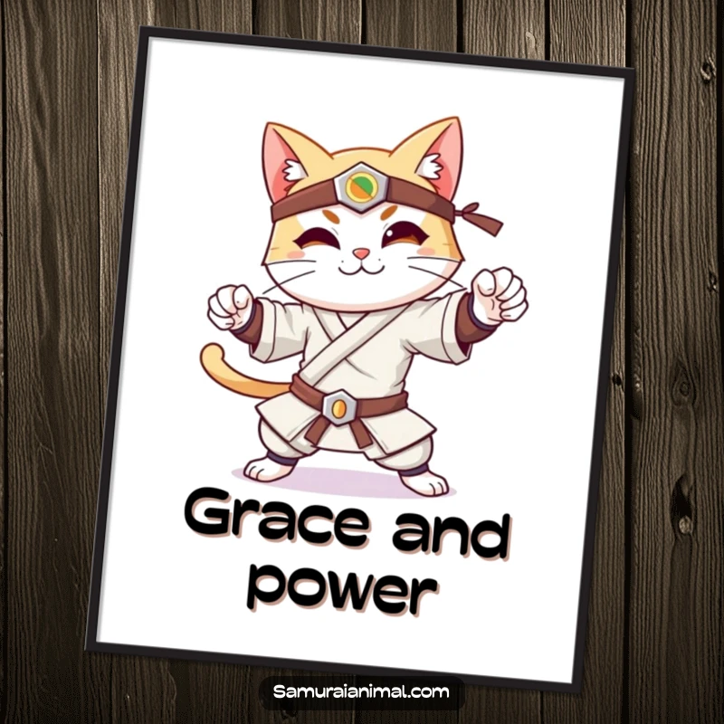 Funny poster showing a cheerful cat in a dynamic samurai stance, exuding confidence and a gentle, knowing smile.