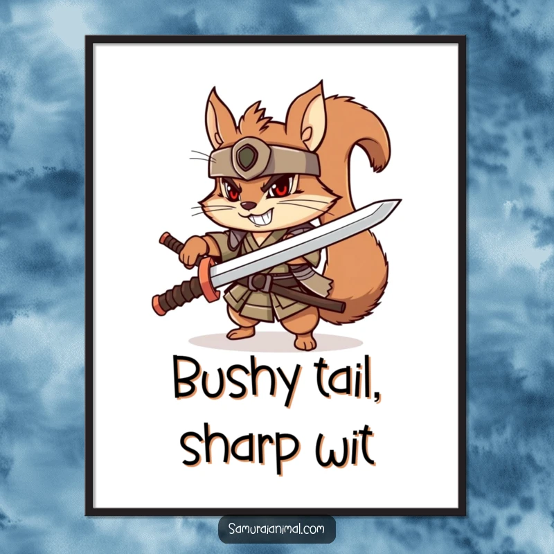 Funny squirrel samurai poster, playful character brandishing wooden katana, determined grin, cute warrior art.