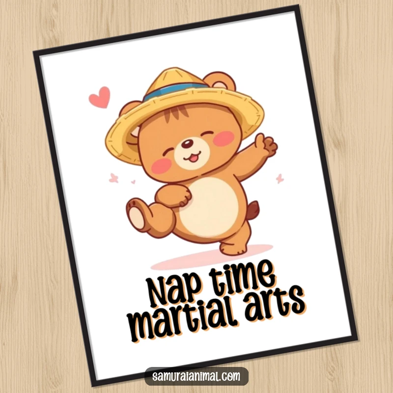 Funny bear cub poster artwork of a sleepy bear in a straw hat, smiling while attempting a high kick with humorous intent.