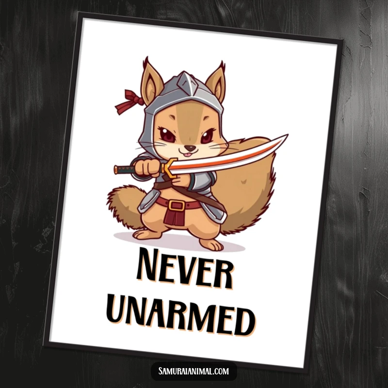 Funny squirrel poster depicting a majestic squirrel warrior in armor, pointing a tiny katana forward dramatically.